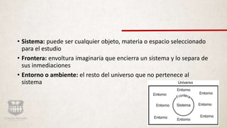 • Sistema: puede ser cualquier objeto, materia o espacio seleccionado
para el estudio
• Frontera: envoltura imaginaria que encierra un sistema y lo separa de
sus inmediaciones
• Entorno o ambiente: el resto del universo que no pertenece al
sistema
 