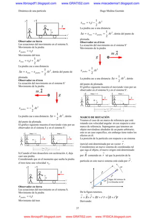 Dinámica de una partícula Hugo Medina Guzmán
37
Observador en tierra
Las ecuaciones del movimiento en el sistema S.
Movimiento de la piedra
tvxpiedra 0=
Movimiento del tren
2
0
2
1
Attvxtren +=
La piedra cae a una distancia
2
2
1
Atxxx piedratren =−=Δ , detrás del punto de
plomada.
Observador en el tren
La ecuación del movimiento en el sistema S’
Movimiento de la piedra
2
2
1
Atxpiedra −=
La piedra cae a una distancia
2
2
1
Atx =Δ , detrás
del punto de plomada.
El gráfico siguiente muestra el moviendo visto por un
observador en el sistema S y en el sistema S’.
b) Cuando el tren desacelera con aceleración A, deja
caer una piedra.
Considerando que en el momento que suelta la piedra
el tren tiene una velocidad 0v .
Observador en tierra
Las ecuaciones del movimiento en el sistema S.
Movimiento de la piedra
tvxpiedra 0=
Movimiento del tren
2
0
2
1
Attvxtren −=
La piedra cae a una distancia
2
2
1
Atxxx piedratren =−=Δ , detrás del punto de
plomada.
Observador en el tren
La ecuación del movimiento en el sistema S’
Movimiento de la piedra
2
2
1
Atxpiedra =
La piedra cae a una distancia
2
2
1
Atx =Δ , detrás
del punto de plomada.
El gráfico siguiente muestra el moviendo visto por un
observador en el sistema S y en el sistema S’.
MARCO DE ROTACIÓN
Veamos el caso de un marco de referencia que está
rotando con velocidad angular ω con respecto a otro
marco de referencia. Supongamos que tenemos un
objeto moviéndose alrededor de un punto arbitrario;
este es un caso específico, sin embargo tiene todos los
efectos en él.
La posición de la partícula con respecto a un sistema
inercial está determinada por un vector
→
r .
Consideremos un nuevo sistema de coordenadas tal
que siga al objeto, el nuevo origen está determinado
por
→
R contenido en
→
r tal que la posición de la
partícula en este nuevo sistema está ciada por
→
'r .
De la figura tenemos.
( )rrRrrrRrRr ˆ'ˆ'ˆ' +=+=+=
→→→
Derivando:
www.librospdf1.blogspot.com www.GRATIS2.com www.miacademia1.blogspot.com
www.librospdf1.blogspot.com www.GRATIS2.com www.1FISICA.blogspot.com
 
