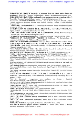 THEORETICAL PHYSICS, Mechanics of particles, rigid and elastic bodies, fluids and
heat flow. F: Woobridge Constant. Trinity College. Addison – Wesley Publishing Company (1959)
THEORETICAL PHYSICS,Thermodinamics, electromagnetism,waves, and particles. F:
Woobridge Constant. Trinity College. Addison – Wesley Publishing Company (1959)
The Feynman LECTURES ON PHYSICS. Volumenes I, II y III. Richard P.Feynman, Robert B. Leighton.
California Institute of Technology, Matthew Sands, Stanford University. Addison – Wesley Publishing
Company (1964)
CORRIENTES, CAMPOS Y PARTÍCULAS. Francis Bitter. Massachussets Institute of Technology. Editorial
Reverté S. A. (1964).
INTRODUCCIÓN AL ESTUDIO DE LA MECÁNICA, MATERIA Y ONDAS. Uno
Ingard, William L. Kraushaar. Editorial Reverté. (1966).
FUNDAMENTOS DE ELECTRICIDAD Y MAGNETISMO. Arthur F. Kip. University of
California. Mc Graw – Hill Book Company (1967)
CIENCIA FÍSICA Orígenes y principios Robert T. Langeman, Universidad Vanderbilt. UTEHA, (1968)
PROBLEMS IN ELEMENTARY PHYSICS. B. Bukhotsev, V: Krivchenkov, G.
Myakishev, V.Shalnov. Mir Publishers. Moscow (1971)
PROBLEMES DE PHYSIQUE COMMENTES. Tomos I y II Hubert Lumbroso. Mason et Cie, París. (1971)
ELECTRICIDAD Y MAGNETISMO PARA ESTUDIANTES DE CIENCIAS E
INGENIERÍA. Luis L. Cantú. Instituto Tecnológico y de Estudios Superiores de Monterrey.
Editorial Limusa Mexico (1973)
FÍSICA PARA LAS CIENCIAS DE LA VIDA Y LA SALUD. Simon G. G. MacDonald / Desmond M.
Burns University of Dundee. Fondo educativo interamericano. (1975)
MECÁNICA NEWTONIANA, MIT Physics course. A. P. French. Editorial Reverté. (1974).
FÍSICA I y II. Solomon Gartenhaus. Purdue University. INTERAMERICANA. (1977)
TEACHING TIPS. A guidebook for the beginning College Teacher. Wilbert J. McKeachie (University of
Michigan). Seventh edition D. C. Heath and Company (1978)
FÍSICA PARA LAS CIENCIAS DE LA VIDA. Alan H. Cromer. Northeastern University. Editorial Reverté.
(1978)
GENERAL PHYSICS WITH BIOSCIENCE ESSAYS. Jerry B. Marion. University of Maryland. John
Wiley & Sons Inc. (1979)
Física general II: Teoría Hugo Medina Guzmán, Miguel Piaggio H. QC 21 M19 (Biblioteca PUCP) (1979)
Física general II: Problemas resueltos Hugo Medina Guzmán, Miguel Piaggio H. FIS 111 M364 (Biblioteca
PUCP) (1979)
Física general I: problemas resueltos Hugo Medina Guzmán, Miguel Piaggio H. FIS 104 M364 (Biblioteca
PUCP) (1981)
FÍSICA PARA ESTUDIANTES DE CIENCIAS E INGENIERÍA. 1 y 2. John P.
McKelvey, Clemson University – Howard Grotch, Pennsilvania State University. HARLA.
Mexico. (1981)
Física 3: electricidad y magnetismo para estudiantes de ciencias e ingeniería
Hugo Medina Guzmán, FIS 141 M36 (Biblioteca PUCP) (1982)
EXPLORING PHYSICS Concepts and applications. Roger W. Redding North Texas State University, Stuart
Kenter, Wadsworth Publishing Company (1984)
PROBLEMAS DE FISICA. J. Aguilar Peris, Universidad Complutense de Madrid - J. Casanova Colas,
Facultad de Ciencias de Valladolid. Alambra (1985)
PROBLEMAS DE FISICA. dirigido por S. Kósel. Editorial Mir Moscú. (1986)
PROBLEMAS DE FISICA Y COMO RESOLVERLOS. Clarence E. Benett Maine University. CECSA
(1986)
PHYSICS for Engineering and Science. Michael E. Browne, Ph. D. (professor of Physics University of Idaho.
Schaum’s outline series Mcgraw-Hill (1988)
FÍSICA: VOLUMEN 1. Mecánica, ondas y termodinámica. Duane E. Roller, Ronald Blum. Editorial
Reverté. (1990).
FÍSICA: VOLUMEN 2. Electricidad, magnetismo y óptica. Duane E. Roller, Ronald Blum. Editorial
Reverté. (1990).
PROBLEMAS DE FISICA. dirigido por O. Ya. Sávchenko. Editorial Mir Moscú. (1989)
MECÁNICA. Berkeley physics course – volumen 1. Charles Kittel, Walter D. Knight,
Malvin A. Ruderman. Editorial Reverté SA. (1992).
www.librospdf1.blogspot.com www.GRATIS2.com www.miacademia1.blogspot.com
www.librospdf1.blogspot.com www.GRATIS2.com www.1FISICA.blogspot.com
 