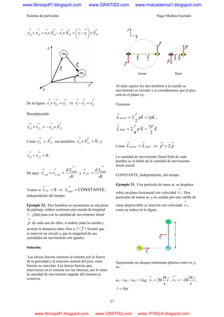 Sistema de partículas Hugo Medina Guzmán
27
→→→→→→→→→
×⎟
⎠
⎞
⎜
⎝
⎛
−=×−×=+ 12211221212112 FrrFrFrττ
De la figura:
→→→
=+ 2121 rrr ⇒
→→→
=− 1221 rrr
Reemplazando
→→→→
×−=+ 12122112 Frττ
Como
→
12r y
→
12F son paralelos: 01212 =×
→→
Fr , y
02112 =+
→→
ττ
De aquí:
dt
Ld total
extext
→
→→
=+ 21 ττ y
dt
Ld total
ext
→
→
=τ
Vemos si 0=
→
extτ ⇒ CONSTANTE=
→
totalL ,
independiente del tiempo.
Ejemplo 32. Dos hombres se encuentran en una pista
de patinaje, ambos sostienen una cuerda de longitud
l . ¿Qué pasa con la cantidad de movimiento lineal
→
p de cada uno de ellos, si ambos jalan la cuerda y
acortan la distancia entre ellos a 2/l ? Asumir que
se mueven en círculo y que la magnitud de sus
cantidades de movimiento son iguales.
Solución.
Las únicas fuerzas externas al sistema son la fuerza
de la gravedad y la reacción normal del piso, estas
fuerzas se cancelan. Las únicas fuerzas que,
intervienen en el sistema son las internas, por lo tanto
la cantidad de movimiento angular del sistema se
conserva.
Al estar sujetos los dos hombres a la cuerda su
movimiento es circular y si consideramos que el piso
está en el plano xy,
Tenemos:
kpkpLinicial ˆˆ
2
2 l
l
==
→
,
k
p
kpL final ˆ
2
'ˆ'
4
2
ll
==
→
Como finalinicial LL
→→
= ⇒
→→
= pp 2'
La cantidad de movimiento lineal final de cada
hombre es el doble de la cantidad de movimiento
lineal inicial.
CONSTANTE, Independiente, del tiempo
Ejemplo 33. Una partícula de masa m1 se desplaza
sobre un plano horizontal con velocidad 1
→
v . Dos
partículas de masas m2 y m3 unidas por una varilla de
masa despreciable se mueven con velocidad 2
→
v ,
como se indica en la figura.
Suponiendo un choque totalmente plástico entre m1 y
m2
m1 = m2 = m3 = 1 kg, iv ˆ
s
m
201 =
→
, iv ˆ
s
m
102 −=
→
,
m1=l
www.librospdf1.blogspot.com www.GRATIS2.com www.miacademia1.blogspot.com
www.librospdf1.blogspot.com www.GRATIS2.com www.1FISICA.blogspot.com
 