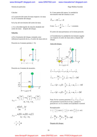 Sistema de partículas Hugo Medina Guzmán
28
Calcular:
a) La posición del centro de masa respecto a la masa
m2 en el momento del choque.
b) La ley del movimiento del centro de masa.
c.) La velocidad angular de rotación alrededor del
centro de masa después del choque.
Solución.
a) En el momento del choque, tomando como
referencia la posición de m2, el centro de masa está en:
Posición en el instante partida (t = 0).
Posición en el instante de encuentro.
321
321
3
2
3
2
3
2
mmm
d
m
d
m
d
m
xCM
++
⎟
⎠
⎞
⎜
⎝
⎛
+⎟
⎠
⎞
⎜
⎝
⎛
+⎟
⎠
⎞
⎜
⎝
⎛
=
=
( )
3
2
3
2 d
m
dm
=
( ) ( ) ( )
321
321 00
mmm
mmm
yCM
++
++
=
l
= m
3
1
3
=
l
b) Como parten del reposo, la cantidad de
movimiento total del sistema es cero.
0==
→→
cmtotal vMP
Como cmcm r
dt
d
v
→→
= ∴ cmr
→
= constante.
El centro de masa permanece en la misma posición.
c) Consideremos la cantidad de movimiento angular
con respecto al centro de masa antes y después del
choque.
Antes del choque.
332211
→→→→→→→
×+×+×= prprprL cmcmcm
ji
d
r cm ˆ
3
1
ˆ
3
2
1 −−=
→
, ivmp ˆ20111 ==
→→
( ) jitvdr cm ˆ
3
1
ˆ22 −−=
→
, ivmp ˆ10222 −==
→→
( ) jitvdr cm ˆ
3
2
ˆ23 +−=
→
, ivmp ˆ20233 ==
→→
Nota: En los vectores posición ( cmr1
→
, cmr 2
→
, cmr3
→
)
solo ponemos la posición en el eje y, porque la
posición en x se va a anular con el producto vectorial.
Reemplazando:
( ) ( ) ( )ijijijL ˆ10ˆ
3
2
ˆ10ˆ
3
1
ˆ20ˆ
3
1
−×⎟
⎠
⎞
⎜
⎝
⎛
+−×⎟
⎠
⎞
⎜
⎝
⎛
−+×⎟
⎠
⎞
⎜
⎝
⎛
−=
→
kkkkL ˆ10ˆ
3
20ˆ
3
10ˆ
3
20
=+−=
→
Después del choque:
www.librospdf1.blogspot.com www.GRATIS2.com www.miacademia1.blogspot.com
www.librospdf1.blogspot.com www.GRATIS2.com www.1FISICA.blogspot.com
 