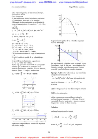 Movimiento rectilíneo Hugo Medina Guzmán
21
a) La expresión general de la distancia al origen.
b) El espacio inicial.
c) La aceleración.
d) ¿En qué instante tiene el móvil velocidad nula?
e) ¿Cuánto dista del origen en tal instante?
f) Distancia al origen y espacio recorrido sobre la
trayectoria a partir de t = 0, cuando t = 7 s, t = 10 s y
t = 15 s.
Solución.
a) ( ) Cttdttvdts +−=−== ∫ ∫
2
440840
⇒ 2
0 440 ttss −+=
b) 80 = s0 + 80 - 16 ⇒ s0 = 16
c) 2
8
s
m
dt
dv
a −==
d) 0 = 40 - 8t ⇒ t =5 s
e) s5 =16 + 40x5 - 4x52
= 116 m
f) s7 =16 + 40x7 - 4x72
= 100 m
sl0 =16 + 40x10 - 4x102
= 16 m
s15 = 16 + 40x15 - 4x152
= -284 m
Cálculo de caminos sobre la trayectoria a partir de
t = 0:
El móvil cambia el sentido de su velocidad para
t = 5s
El recorrido en los 5 primeros segundos es:
C5 = s – s0 = 116 - 16 = 100 m
A ellos hay que sumar el recorrido en los segundos
restantes que se obtienen de la integral de la
ecuación general de la velocidad, en valor absoluto,
entre los limites t = 5 s y t = instante final.
( ) m116840100
7
5
7 =−+= ∫ dttC
( ) m200840100
10
5
10 =−+= ∫ dttC
( ) m500840100
15
5
15 =−+= ∫ dttC
Representación gráfica de la distancia al origen en
función del tiempo
Representación gráfica de la velocidad origen en
función del tiempo
En la gráfica de la velocidad frente al tiempo, el área
limitada por el eje de abscisas y la gráfica entre dos
instantes coincide numéricamente con el camino
recorrido por el móvil entre esos dos instantes.
Ejemplo 37. El vector velocidad del movimiento de
una partícula viene dado por
jtitv ˆ5)-(6ˆ2)-(3 2
+=
→
m/s. Si la posición del
móvil en el instante t =1 s es jir ˆ2ˆ3 −=
→
m.
Calcular
a) El vector posición del móvil en cualquier instante.
b) El vector aceleración.
c) Las componentes tangencial y normal de la
aceleración en el instante t = 2 s. Dibujar el vector
velocidad, el vector aceleración y las componentes
tangencial y normal en dicho instante.
Solución.
a) Para el movimiento horizontal
2-3tvx = ⇒ 2
s
m
3==
dt
dv
a x
x
Como
dt
dx
vx = ⇒ dtvdx x= , integrando
www.librospdf1.blogspot.com www.GRATIS2.com www.miacademia1.blogspot.com
www.librospdf1.blogspot.com www.GRATIS2.com www.1FISICA.blogspot.com
 
