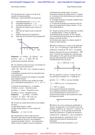 Movimiento rectilíneo Hugo Medina Guzmán
25
13. Una partícula A, se mueve en el eje X, de
acuerdo a la siguiente gráfica.
Determinar a partir del gráfico de la partícula:
a) Velocidad media entre t = 0 y t = 4 s
b) Velocidad instantánea en t = 2 s
c) Aceleración media entre t = 0 y t = 4 s
d) Intervalos de tiempo en que se acerca al
origen
e) Intervalos de tiempo en que se aleja del
origen
f) Ecuación Itinerario de la partícula A
g) ¿Qué tipo de movimiento tiene esta partícula?
Respuesta. a) ( -8;0)m/s b) (-8;0)m/s c) 0
d) (0-3)s e)(3-....) f) ( ) ttx 824 −=
g) Movimiento rectilíneo uniforme.
14. Un vehículo se mueve en el eje x de acuerdo con
la siguiente ecuación de itinerario:
( ) 2
63620 tttx +−= . Con x medido en metros y
t en segundos.
a) Identifique a posición inicial, la velocidad inicial
y la aceleración.
b) Determine la ecuación que entregue la velocidad
para cualquier instante.
c) Determine el instante en que cambia de sentido
d) La velocidad de la partícula en t = 2 s y en t = 4
s
e) Posición de la partícula en t = 6 segundos
f) Gráfico x versus t. Describa la curva
g) Gráfico xv versus t. Describa la curva
h) Gráfico a versus t. Describa la curva
Respuesta. a) (20,0)m (-36,0)m/s
(12,0)m/s2
b) ( ) ttv 1236 +−= c)3s
d) (-12,0)m/s (12,0)m/s e) (20,0)m
15. Se lanza un cuerpo hacia arriba con una rapidez
de 16m/s,
a) ¿Qué altura alcanza a subir?
b) ¿Qué tiempo demora en volver al punto de
partida?
Respuesta. a) 3,2m b) 6,4s
16. Una partícula se mueve sobre una recta
horizontal; parte hacia la derecha desde un punto A
con una rapidez de 28 (m/s) y una retardación
constante de módulo 12(m/s2
). En el punto B, es
donde se anula su rapidez, invierte el sentido de
movimiento para retornar hacia A con una
aceleración constante de módulo 6(m/s2
). Calcular:
a) La distancia total cubierta hasta que la partícula
retorne al punto A.
b) El tiempo total para el recorrido completo hasta
volver a dicho punto A.
c) El intervalo de tiempo que transcurre entre los
pasos de la partícula por el punto situado a 1/3 de
AB, medido desde A.
17. Desde una altura de 45m se deja caer un objeto
A. simultáneamente se lanza un objeto B
verticalmente desde una altura de 5m. Calcular:
a) la velocidad inicial de B para que los objetos se
crucen a una altura de 20m.
b) la distancia que separa a los objetos cuando B
alcanza su altura máxima.
18. Sobre un mismo eje x se mueven dos partículas
A y B. En t = 0 la partícula A parte desde P con
aceleración constate de iˆ15 (m/s2
). Un segundo
después, B pasa por Q con una velocidad de iˆ20−
(m/s). Encuentre las retardaciones constantes que
deben aplicar A y B a partir de este último instante
para que ambas partículas se detengan
simultáneamente antes de chocar.
19. Una partícula se mueve a lo largo del eje x
con aceleración constante. En t = 0 pasa por la
posición ix ˆ100 −=
→
m con una velocidad
iv ˆ200 −=
→
m/s y en t =3s su posición es
ix ˆ52−=
→
m. Calcule:
a) La ecuación itineraria de la partícula
b) La distancia recorrida en el intervalo (3-6) s.
c) La velocidad media en el intervalo (4-7) s.
d) Intervalos de tiempo en que la partícula se aleja
del origen del sistema.
20. Sobre el eje x de un sistema de coordenadas se
mueven dos partículas A y B. El gráfico (a) es una
parábola cuadrática que muestra la variación de
la componente x de la posición en función del
tiempo de la partícula A. El gráfico (b) muestra la
variación de la componente xv de la velocidad en
función del tiempo de la partícula B. Si en t = 0,
ambas partículas tienen la misma posición,
determinar:
a) Ecuación horaria de las partículas A y B.
www.librospdf1.blogspot.com www.GRATIS2.com www.miacademia1.blogspot.com
www.librospdf1.blogspot.com www.GRATIS2.com www.1FISICA.blogspot.com
 