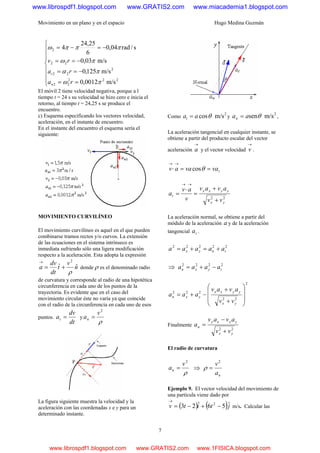 Movimiento en un plano y en el espacio Hugo Medina Guzmán
7
⎪
⎪
⎪
⎩
⎪⎪
⎪
⎨
⎧
==
−==
−==
−=−=
222
22
2
22
22
2
m/s0012,0
m/s125,0
m/s03,0
s/rad04,0
6
25,24
4
πω
πα
πω
πππω
ra
ra
rv
n
t
El móvil 2 tiene velocidad negativa, porque a l
tiempo t = 24 s su velocidad se hizo cero e inicia el
retorno, al tiempo t = 24,25 s se produce el
encuentro.
c) Esquema especificando los vectores velocidad,
aceleración, en el instante de encuentro.
En el instante del encuentro el esquema sería el
siguiente:
MOVIMIENTO CURVILÍNEO
El movimiento curvilíneo es aquel en el que pueden
combinarse tramos rectos y/o curvos. La extensión
de las ecuaciones en el sistema intrínseco es
inmediata sufriendo sólo una ligera modificación
respecto a la aceleración. Esta adopta la expresión
n
v
t
dt
dv
a ˆˆ
2
ρ
+=
→
donde ρ es el denominado radio
de curvatura y corresponde al radio de una hipotética
circunferencia en cada uno de los puntos de la
trayectoria. Es evidente que en el caso del
movimiento circular éste no varía ya que coincide
con el radio de la circunferencia en cada uno de esos
puntos.
dt
dv
at = y
ρ
2
v
an =
La figura siguiente muestra la velocidad y la
aceleración con las coordenadas x e y para un
determinado instante.
Como
2
m/scosθaat = y
2
m/ssenθaan = ,
La aceleración tangencial en cualquier instante, se
obtiene a partir del producto escalar del vector
aceleración
→
a y el vector velocidad
→
v .
tvavaav ==⋅
→→
θcos
22
yx
yyxx
t
vv
avav
v
av
a
+
+
=
⋅
=
→→
La aceleración normal, se obtiene a partir del
módulo de la aceleración a y de la aceleración
tangencial ta .
22222
tnyx aaaaa +=+=
⇒ 2222
tyxn aaaa −+=
2
22
222
⎟⎟
⎟
⎠
⎞
⎜⎜
⎜
⎝
⎛
+
+
−+=
yx
yyxx
yxn
vv
avav
aaa
Finalmente
22
yx
yxxy
n
vv
avav
a
+
−
=
El radio de curvatura
ρ
2
v
an = ⇒
na
v2
=ρ
Ejemplo 9. El vector velocidad del movimiento de
una partícula viene dado por
( ) ( )jtitv ˆ56ˆ23 2
−+−=
→
m/s. Calcular las
www.librospdf1.blogspot.com www.GRATIS2.com www.miacademia1.blogspot.com
www.librospdf1.blogspot.com www.GRATIS2.com www.1FISICA.blogspot.com
 