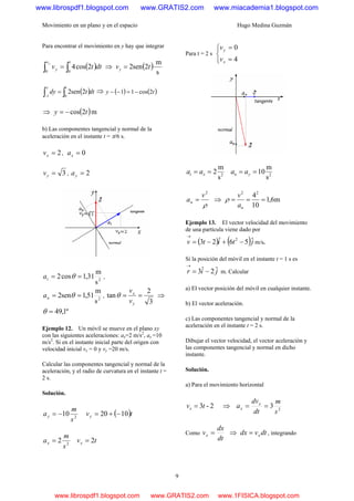 Movimiento en un plano y en el espacio Hugo Medina Guzmán
9
Para encontrar el movimiento en y hay que integrar
( )∫∫ =
tv
y dttv
y
00
2cos4 ⇒ ( )
s
m
2sen2 tvy =
( )dttdy
ty
∫∫ =
− 01
2sen2 ⇒ ( ) ( )2cos11 ty −=−−
⇒ ( )m2cos ty −=
b) Las componentes tangencial y normal de la
aceleración en el instante t = π/6 s.
2=xv , 0=xa
3=yv , 2=ya
2
s
m
31,1cos2 == θta ,
2
s
m
51,1sen2 == θna ,
3
2
tan ==
y
x
v
v
θ ⇒
º1,49=θ
Ejemplo 12. Un móvil se mueve en el plano xy
con las siguientes aceleraciones: ax=2 m/s2
, ay =10
m/s2
. Si en el instante inicial parte del origen con
velocidad inicial vx = 0 y vy =20 m/s.
Calcular las componentes tangencial y normal de la
aceleración, y el radio de curvatura en el instante t =
2 s.
Solución.
2
10
s
m
ay −= ( )tvy 1020 −+=
2
2
s
m
ax = tvx 2=
Para t = 2 s
⎩
⎨
⎧
=
=
4
0
x
y
v
v
2
s
m
2== xt aa 2
s
m
10== yn aa
ρ
2
v
an = ⇒ m6,1
10
422
===
na
v
ρ
Ejemplo 13. El vector velocidad del movimiento
de una partícula viene dado por
( ) ( )jtitv ˆ56ˆ23 2
−+−=
→
m/s.
Si la posición del móvil en el instante t = 1 s es
jir ˆ2ˆ3 −=
→
m. Calcular
a) El vector posición del móvil en cualquier instante.
b) El vector aceleración.
c) Las componentes tangencial y normal de la
aceleración en el instante t = 2 s.
Dibujar el vector velocidad, el vector aceleración y
las componentes tangencial y normal en dicho
instante.
Solución.
a) Para el movimiento horizontal
2-3tvx = ⇒ 2
3
s
m
dt
dv
a x
x ==
Como
dt
dx
vx = ⇒ dtvdx x= , integrando
www.librospdf1.blogspot.com www.GRATIS2.com www.miacademia1.blogspot.com
www.librospdf1.blogspot.com www.GRATIS2.com www.1FISICA.blogspot.com
 