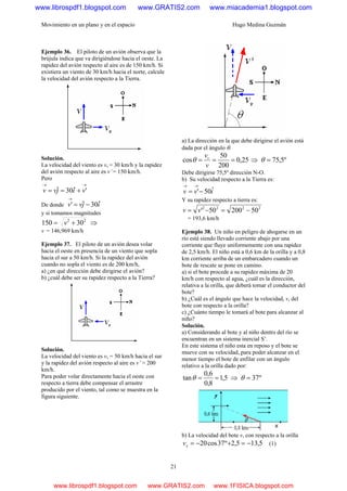 Movimiento en un plano y en el espacio Hugo Medina Guzmán
21
Ejemplo 36. El piloto de un avión observa que la
brújula indica que va dirigiéndose hacia el oeste. La
rapidez del avión respecto al aire es de 150 km/h. Si
existiera un viento de 30 km/h hacia el norte, calcule
la velocidad del avión respecto a la Tierra.
Solución.
La velocidad del viento es vv = 30 km/h y la rapidez
del avión respecto al aire es v’ = 150 km/h.
Pero
→→
+== 'ˆ30ˆ vijvv
De donde ijvv ˆ30ˆ' −=
→
y si tomamos magnitudes
22
30150 += v ⇒
v = 146,969 km/h
Ejemplo 37. El piloto de un avión desea volar
hacia el oeste en presencia de un viento que sopla
hacia el sur a 50 km/h. Si la rapidez del avión
cuando no sopla el viento es de 200 km/h,
a) ¿en qué dirección debe dirigirse el avión?
b) ¿cuál debe ser su rapidez respecto a la Tierra?
Solución.
La velocidad del viento es vv = 50 km/h hacia el sur
y la rapidez del avión respecto al aire es v’ = 200
km/h.
Para poder volar directamente hacia el oeste con
respecto a tierra debe compensar el arrastre
producido por el viento, tal como se muestra en la
figura siguiente.
a) La dirección en la que debe dirigirse el avión está
dada por el ángulo θ.
25,0
200
50
cos ===
v
vv
θ ⇒ º5,75=θ
Debe dirigirse 75,5º dirección N-O.
b) Su velocidad respecto a la Tierra es:
ivv ˆ50'−=
→→
Y su rapidez respecto a tierra es:
2222
5020050' −=−= vv
= 193,6 km/h
Ejemplo 38. Un niño en peligro de ahogarse en un
río está siendo llevado corriente abajo por una
corriente que fluye uniformemente con una rapidez
de 2,5 km/h. El niño está a 0,6 km de la orilla y a 0,8
km corriente arriba de un embarcadero cuando un
bote de rescate se pone en camino.
a) si el bote procede a su rapidez máxima de 20
km/h con respecto al agua, ¿cuál es la dirección,
relativa a la orilla, que deberá tomar el conductor del
bote?
b) ¿Cuál es el ángulo que hace la velocidad, v, del
bote con respecto a la orilla?
c) ¿Cuánto tiempo le tomará al bote para alcanzar al
niño?
Solución.
a) Considerando al bote y al niño dentro del río se
encuentran en un sistema inercial S’.
En este sistema el niño esta en reposo y el bote se
mueve con su velocidad, para poder alcanzar en el
menor tiempo el bote de enfilar con un ángulo
relativo a la orilla dado por:
5,1
8,0
6,0
tan ==θ ⇒ º37=θ
b) La velocidad del bote v, con respecto a la orilla
5,135,2º37cos20 −=+−=xv (1)
www.librospdf1.blogspot.com www.GRATIS2.com www.miacademia1.blogspot.com
www.librospdf1.blogspot.com www.GRATIS2.com www.1FISICA.blogspot.com
 