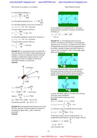 Movimiento en un plano y en el espacio Hugo Medina Guzmán
23
La velocidad del nadador es:
min
m
50
2
100
===
t
s
vn
La velocidad del agua del río es:
min
m
20=rv
La velocidad nadando a favor de la corriente es:
rn vvv +=1 = 50 + 20 = 70 m/min
Y el que tarda en recorrer 100 m es:
70
100
1
1 ==
v
s
t = 1 min 26 s
La velocidad nadando en contra de la corriente es:
rn vvv −=2 = 50 - 20 = 30 m/min
Y el que tarda en recorrer 100 m es:
30
100
2
2 ==
v
s
t = 3 min 20 s
Ejemplo 43. Un acorazado navega con rumbo NE a
una velocidad de 50,56 km/h. Suena zafarrancho de
combate y uno de los tripulantes marcha corriendo
de babor a estribor para ocupar su puesto, a una
velocidad de 10 km /h. Calcular el valor de la
velocidad resultante y su dirección.
Solución.
h
km
56,55=Av ,
h
km
10=Tv
22
1056,55 +=V = 56,45 km/h
10
56,55
tan =α ⇒ 8,79=α
8,34458,79 =−=ϕ = 34º 47’ 49’’
La dirección será 90º - ϕ = 55º 12’ 11’’
Ejemplo 44. Una pequeña lancha atraviesa un río de
50 m de. Anchura, al mismo tiempo la corriente lo
arrastra 60 m aguas abajo. ¿Qué camino ha
recorrido?
Solución.
Si en la figura y es el ancho del río y x el avance
producido por la corriente, el camino recorrido por
la lancha es s.
2222
5060 +=+= yxs
= 78,1 m
Ejemplo 45. La velocidad que provocan unos
remeros a una barca es de 8 km/h, La velocidad del
agua de un río es 6 km/h, y el ancho de tal río 100 m.
a) Suponiendo la posición de la proa perpendicular a
las orillas, calcular el tiempo que tarda la barca en
cruzar el río y la distancia a que es arrastrada, aguas
abajo, por la corriente.
b) ¿En qué dirección debe colocarse la proa de la
barca para alcanzar el punto de la orilla opuesta
situado enfrente del de partida? (punto de partida y
llegada en la perpendicular común a las orillas),
c) ¿Qué velocidad, respecto a la tierra, lleva la barca
en los dos casos estudiados?
d) ¿Cuánto tarda en atravesar el río?.
Solución.
a) vx = vr = 6 km/h, vy = vb = 8 km/h
tvy y= ⇒ h
8
1,0
==
yv
y
t = 45 s
La distancia a que es arrastrada por la corriente:
tvx x= = Km
8
1,0
6× = 75 m
b) Para que la barca vaya en la dirección de v2 la
componente horizontal de vb ha de ser igual a 6 km/h.
rb vv =ϕsen ⇒
8
6
sen =ϕ
⇒ ϕ = 48o
35’
c) En el primer caso
www.librospdf1.blogspot.com www.GRATIS2.com www.miacademia1.blogspot.com
www.librospdf1.blogspot.com www.GRATIS2.com www.1FISICA.blogspot.com
 