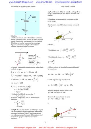 Movimiento en un plano y en el espacio Hugo Medina Guzmán
25
Solución.
a) Si V es el módulo de la velocidad del submarino
nuclear visto desde tierra, escriba en forma vectorial,
usando el sistema de coordenadas x-y, la velocidad
del submarino nuclear respecto a tierra para que
llegue al submarino diesel y la velocidad de la
corriente marina con respecto a tierra.
b) Halle la velocidad del submarino con respecto a la
corriente de agua.
jiV sR ˆcos54ˆsen54 αα −−=
→
,
jijivc ˆ18,31ˆ18ˆº30cos36ˆº30sen36 +=+=
→
018sen54 =+− α ⇒
3
1
54
18
sen ==α
⇒ 94,0cos =α
( )jV sT ˆ18,31cos54 +−=
→
α
( )jˆ18,3176,50 +−=
= jˆ18,19
c) Calcule el módulo de la velocidad V.
19,18 km/hora
d) Halle el tiempo en el cual los marineros son
rescatados.
18,19
500
==
V
d
t
= 26 horas
Ejemplo 49. Desde el interior de un tren que viaja a
108 km/h, un niño lanza un objeto por una ventana
con una velocidad de 36 km/h, horizontalmente y
perpendicularmente a la marcha del tren, justo en el
momento en que pasa en frente de un poste
indicador.
a) ¿A qué distancia del poste contada a lo largo de la
vía, y a qué distancia de esta chocará el cuerpo con
el suelo?
b) Realícese un esquema de la trayectoria seguida
por el cuerpo
Dato: la altura inicial del objeto sobre el suelo es de
2,45 m
Solución.
Velocidad del tren
s
m
30
h
km
108 ==yv ,
Velocidad de la piedra
s
m
10
h
km
36 ==xv
2
s
m
10≈g
a) El movimiento de la piedra lanzada está dada por
las ecuaciones:
tx 10= , ty 30= ,
2
10
2
1
45,2 tz −=
Cuando la piedra llega al suelo z = 0
2
10
2
1
45,20 tz −== ⇒ st 7,0=
Distancia del poste medida desde la vía:
m21)7,0(3030 === ty
Distancia de la vía al punto de caída:
m7)7,0(1010 === tx
b)
www.librospdf1.blogspot.com www.GRATIS2.com www.miacademia1.blogspot.com
www.librospdf1.blogspot.com www.GRATIS2.com www.1FISICA.blogspot.com
 