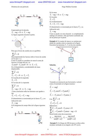 Dinámica de una partícula Hugo Medina Guzmán
6
Empezando por la derecha
01 =− mgT ⇒ mgT =1
La figura siguiente muestra la polea
Para que el trozo de cuerda este en equilibrio
0=∑
→
F
Descomponiendo las fuerzas sobre el trozo de cuerda
en los ejes x e y.
Como la cuerda se considera sin masa la suma de
fuerzas a lo largo del eje x es
0coscos 21 =− θθ TT ⇒ 21 TT =
En el dinamómetro, considerándolo de masa
despreciable.
0=∑
→
F
032 =−TT ⇒ 32 TT =
En la polea de la izquierda
34 TT =
En la masa de La izquierda
0=∑
→
F
04 =− mgT ⇒ mgT =4
Como conclusión todas las tensiones son iguales a
mg
mgTTTT ==== 1234
El dinamómetro es tensionado por la fuerza 1T , y su
indicación será:
mgT =1
b) El diagrama de cuerpo libre de la figura siguiente
es
En la masa
01 =− mgT ⇒ mgT =1
En la polea
21 TT =
En el dinamómetro
mgTTT === 123
El dinamómetro es tensionado por la fuerza 1T y su
indicación será
mgT =1
Como se puede ver esta situación es completamente
análoga a la anterior, sólo que hemos sustituido una
de las poleas por la pared.
Ejemplo 4. Un cuerpo de masa m se sostiene por
medio de cuerdas como se muestra en la figura.
Encontrar las tensiones T1, T2 en las tres cuerdas.
Solución.
Tomando un sistema de ejes horizontal y vertical
como el mostrado en la figura tenemos:
jmgT ˆ1 −=
→
jTiTT ˆsenˆcos 222 θθ +=
→
jTiTT ˆsenˆcos 333 αα +−=
→
Con 0=∑
→
F
0321 =++
→→→
TTT
Obtenemos:
0coscos 32 =−=∑ αθ TTFx
0sensen 32 =−+=∑ mgTTFy αθ
Resolviendo estas dos ecuaciones
( )αθ
α
+
=
sen
cos
2
mg
T ,
( )αθ
θ
+
=
sen
cos
3
mg
T
Ejemplo 5. Un bloque de 50N de peso se ubica sobre
un plano inclinado en un ángulo α de 30º con la
www.librospdf1.blogspot.com www.GRATIS2.com www.miacademia1.blogspot.com
www.librospdf1.blogspot.com www.GRATIS2.com www.1FISICA.blogspot.com
 