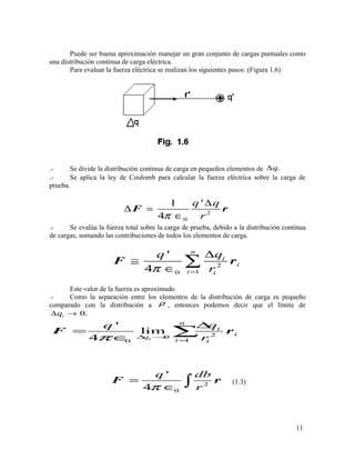 Puede ser buena aproximación manejar un gran conjunto de cargas puntuales como
una distribución continua de carga eléctrica.
Para evaluar la fuerza eléctrica se realizan los siguientes pasos: (Figura 1.6)
.- Se divide la distribución continua de carga en pequeños elementos de .q∆
.- Se aplica la ley de Coulomb para calcular la fuerza eléctrica sobre la carga de
prueba.
2
0
1 '
4
q q
rπ
∆
∆ =
∈
F r
.- Se evalúa la fuerza total sobre la carga de prueba, debido a la distribución continua
de cargas, sumando las contribuciones de todos los elementos de carga.
2
10
'
4
n
i
i
i i
qq
rπ =
∆
≅
∈
∑F r
Este valor de la fuerza es aproximado
.- Como la separación entre los elementos de la distribución de carga es pequeño
comparado con la distribución a ρ , entonces podemos decir que el límite de
0.iq∆ →
20
10
'
lim
4 i
n
i
i
q
i i
qq
rπ ∆ →
=
∆
=
∈
∑F r
2
0
'
4
q db
rπ
=
∈ ∫F r (1.3)
11
 