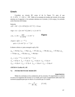 Ejemplo:
Considere un circuito RC como el de la Figura 7.9, para el que
6
2 10 , 6 20 .R C Nf y Vε= × Ω = = Halle a) la constante de tiempo del circuito, b) la carga
máxima en el capacitor, c) la corriente máxima en el circuito, y d) la carga y la corriente
como funciones del tiempo.
Solución:
( )( )
( )( )
( )
( )
6 6
6 4
5
0 6
/
4 /12
) 2 10 6 10 12
) 6 10 20 1, 2 10
20
) 1 10
2 10
) ( ) 1
( ) 1, 2 10 1
t RC
t
a RC F seg
b Q C F V C
V
c I R A
d q t Q e
q t e C
ε
ε
−
− −
−
− −
ℑ = = × Ω × =
= = × = ×
= = = ×
× Ω
= − −
= × −
Figura
le damos valores a t; para conseguir a q(t) y I(t)
( ) ( ) ( ) ( ) ( ) ( )
( ) ( )
4 6 8 10 12
14 16
2
18, 4 , 34 , 47, 2 , 58, 4 , 67,8 ,
75,8 , 82,6 , 88, 4
q f q c q c q c q c q
c q c q c
µ µ µ µ µ
µ µ µ
= = = = =
= = =
( ) ( ) ( )
( ) ( ) ( ) ( )
( ) ( ) ( ) ( )
/ 5 /12
0
2 4 6 8
10 12 14 16
1 10
8,5 7, 2 6,1 5,1
4,3 3,7 3,1 2,6
t RC t
t
I I e e A
I A I A I A I A
I A I A I A I A
µ µ µ µ
µ µ µ µ
− − −
= = ×
= = = =
= = = =
ANEXO 4: Grafico 01 y 02
7.6 INSTRUMENTO DE MEDICIÓN
Amperímetros:
Miden las corrientes en los conductores de los circuitos. El amperímetro se conecta
en serie en el segmento del circuito se va a medir, por lo que el amperímetro debe tener una
resistencia pequeña para que no afecte a la corriente que va a medir.
( )7.15
A
I
R R
ε
=
+
87
 