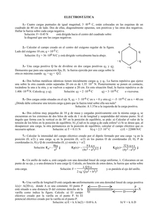 ELECTROSTÁTICA
1.- Cuatro cargas puntuales de igual magnitud, 3 .l0-6 C, están colocadas en las esquinas de un
cuadrado de 40 cm de lado. Dos de ellas, diagonalmente opuestas, son positivas y las otras dos negativas.
Hallar la fuerza sobre cada carga negativa.
Solución: F= 0.45 N está dirigida hacia el centro del cuadrado sobre
la diagonal que une las cargas negativas.
2.- Calcular el campo creado en el centro del exágono regular de la figura.
Lado del exágono 10 cm; q = 10-5 C.
Solución: ET = 36 .106 N/C y está dirigido verticalmente hacia abajo.
3.- Una carga positiva Q ha de dividirse en dos cargas positivas q1 y q2.
Demuestra que para una separación fija, D, la fuerza ejercida por una carga sobre la
otra es máxima cuando q1 = q2 = Q/2.
4.- Dos bolitas metálicas idénticas tienen inicialmente cargas q1 y q2. La fuerza repulsiva que ejerce
una sobre la otra cuando están separadas 20 cm es de 1.35 ·10-4
N. Posteriormente se ponen en contacto,
tocándose la una a la otra, y se vuelven a separar a 20 cm. En esta situación final, la fuerza repulsiva es de
1.406 .10-4 N. Calcula q1 y q2. Solución: q1 = 2 .10-8 C q2 = 3 .10-8 C o viceversa.
5.- Dos cargas están situadas en el eje X, q1 = 3 .10-6 C en x = 0 y otra q2 = -5 .10-6 C en x = 40 cm
¿Dónde debe colocarse una tercera carga q para que la fuerza total sobre ella sea nula?
Solución: A 1.37m a la izquierda de la carga positiva.
6.- Dos esferas muy pequeñas de 10 g de masa y cargadas positivamente con la misma carga q, se
encuentran en los extremos de dos hilos de seda de 1 m de longitud y suspendidas del mismo punto. Si el
ángulo que forma con la vertical es de 30° en la posición de equilibrio, se pide: a) Calcular el valor de la
tensión de los hilos en la posición de equilibrio. b) ¿Cuál es la carga q de cada esfera? c) Si se desea que, al
desaparecer una carga, la otra permanezca en la posición de equilibrio, calcular el campo eléctrico que es
necesario aplicar. Solución: a) T = 0.11 N b) q = 2.5 ·10-6
C c) E = 22000 N/C
7.- Calcular la intensidad del campo eléctrico creado por el dipolo formado por una carga +q en la
posición (0, a/2) y una carga -q en la posición (0, -a/2) en los puntos O de coordenadas (0, 0), P de
coordenadas (x, 0) y Q de coordenadas (0, y) siendo y > a/2.
Solución: Eo= -
8kq
a2 j EP(x)= -
8 k q a
(4x2 + a2)3/2 j EQ(y)=
32 k q a y
(4y2 - a2)2 j
8.- Un anillo de radio a, está cargado con una densidad lineal de carga uniforme, λ. Colocamos en un
punto de su eje, y a una distancia b una carga Q. Calcula, en función de estos datos, la fuerza que actúa sobre
esta carga. Solución: F =
λ Q b a
2 εo (a2 + b2)3
y es paralela al eje del anillo.
9.- Una varilla de longitud D está cargada no uniformemente con una densidad lineal de carga positiva
λ(x)= A(2D-x), donde A es una constante. El punto P
está situado a una distancia D del extremo derecho de la
varilla como indica la figura. Calcula: a) El campo
eléctrico creado por la varilla en el punto P. b) El
potencial eléctrico creado por la varilla en el punto P.
Solución: a) E = k A ln(2) = 0.69 k A b) V = k A D
q
qq
- q - q
- q
D
DO
X
P
 