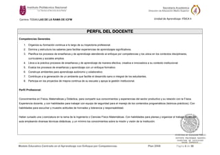 Modelo Educativo Centrado en el Aprendizaje con Enfoque por Competencias. Plan 2008 Página 6 de 38
Carrera: TODAS LAS DE LA RAMA DE ICFM Unidad de Aprendizaje: FÍSICA II
PERFIL DEL DOCENTE
Competencias Generales
1. Organiza su formación continua a lo largo de su trayectoria profesional.
2. Domina y estructura los saberes para facilitar experiencias de aprendizajes significativos.
3. Planifica los procesos de enseñanza y de aprendizaje atendiendo al enfoque por competencias y los ubica en los contextos disciplinares,
curriculares y sociales amplios.
4. Lleva a la práctica procesos de enseñanza y de aprendizaje de manera efectiva, creativa e innovadora a su contexto institucional.
5. Evalúa los procesos de enseñanza y aprendizaje con un enfoque formativo.
6. Construye ambientes para aprendizaje autónomo y colaborativo.
7. Contribuye a la generación de un ambiente que facilite el desarrollo sano e integral de los estudiantes.
8. Participa en los proyectos de mejora continua de su escuela y apoya la gestión institucional.
Perfil Profesional:
Conocimientos en Física, Matemáticas y Didáctica, para compartir sus conocimientos y experiencias del sector productivo y su relación con la Física.
Experiencia docente, y con habilidades para trabajar con equipo de seguridad para el manejo de los contenidos programáticos (teóricos-prácticos). Con
habilidades para escuchar y muestre actitudes de honradez y tolerancia y responsabilidad.
Haber cursado una Licenciatura en la rama de la Ingeniería o Ciencias Físico Matemáticas. Con habilidades para planea y organizar el trabajo dentro del
aula empleando diversas técnicas didácticas, y un mínimo los conocimientos sobre la misión y visión de la Institución.
 