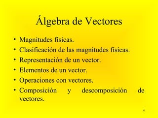 Álgebra de Vectores
•   Magnitudes físicas.
•   Clasificación de las magnitudes físicas.
•   Representación de un vector.
•   Elementos de un vector.
•   Operaciones con vectores.
•   Composición      y    descomposición       de
    vectores.
                                                4
 