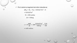  Por lo tanto la magnitud de la fem inducida es:
ΔΦ 𝐵 = Φ1 − Φ2 = 0.0162 𝑇𝑚2 − 0
= 0.0162𝑇𝑚2
N = 200 cueltas
Δt = 0.8seg
𝜀 = 𝑁
Δ𝜙𝐵
Δ𝑡
= 200
0.0162𝑇𝑚2
0.8𝑠𝑒𝑔
=
3.24
0.8
= 4.05 𝑣𝑜𝑙𝑡𝑖𝑜𝑠
 