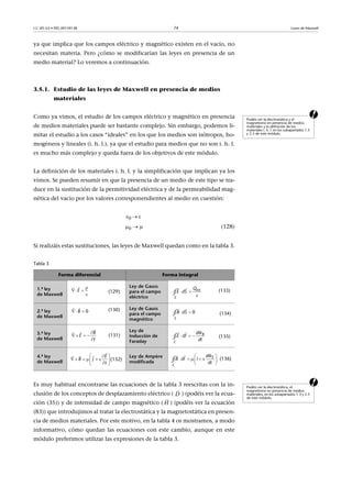 CC-BY-SA • PID_00159138 74 Leyes de Maxwell
ya que implica que los campos eléctrico y magnético existen en el vacío, no
necesitan materia. Pero ¿cómo se modificarían las leyes en presencia de un
medio material? Lo veremos a continuación.
3.5.1. Estudio de las leyes de Maxwell en presencia de medios
materiales
aComo ya vimos, el estudio de los campos eléctrico y magnético en presencia
de medios materiales puede ser bastante complejo. Sin embargo, podemos li-
mitar el estudio a los casos “ideales” en los que los medios son isótropos, ho-
mogéneos y lineales (i. h. l.), ya que el estudio para medios que no son i. h. l.
es mucho más complejo y queda fuera de los objetivos de este módulo.
La definición de los materiales i. h. l. y la simplificación que implican ya los
vimos. Se pueden resumir en que la presencia de un medio de este tipo se tra-
duce en la sustitución de la permitividad eléctrica y de la permeabilidad mag-
nética del vacío por los valores corresponendientes al medio en cuestión:
0  
0   (128)
Si realizáis estas sustituciones, las leyes de Maxwell quedan como en la tabla 3.
Tabla 3
aEs muy habitual encontrarse las ecuaciones de la tabla 3 reescritas con la in-
clusión de los conceptos de desplazamiento eléctrico ( ) (podéis ver la ecua-
ción (35)) y de intensidad de campo magnético ( ) (podéis ver la ecuación
(83)) que introdujimos al tratar la electrostática y la magnetostática en presen-
cia de medios materiales. Por este motivo, en la tabla 4 os mostramos, a modo
informativo, cómo quedan las ecuaciones con este cambio, aunque en este
módulo preferimos utilizar las expresiones de la tabla 3.
Podéis ver la electrostática y el
magnetismo en presencia de medios
materiales y la definición de los
materiales i. h. l. en los subapartados 1.3
y 2.5 de este módulo.
Forma diferencial Forma integral
1.ª ley
de Maxwell
(129)
Ley de Gauss
para el campo
eléctrico
(133)
2.ª ley
de Maxwell
(130) Ley de Gauss
para el campo
magnético
(134)
3.ª ley
de Maxwell
(131)
Ley de
inducción de
Faraday
(135)
4.ª ley
de Maxwell
(132)
Ley de Ampère
modificada
(136)

 


E   nt
S
iQ
E dS 

 
∮
 

0B 0
S
B dS 
 
∮

   


 B
E
t
C
Bd
E dl
dt

  

∮
 
      
 

  E
B J
t
E
C
d
B dl I
dt
 
     
 

∮
Podéis ver la electrostática, el
magnetismo en presencia de medios
materiales, en los subapartados 1.3 y 2.5
de este módulo.

D
H

 