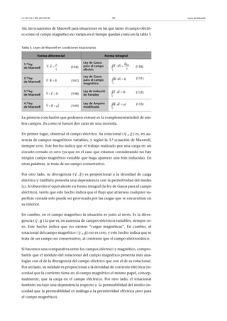 CC-BY-SA • PID_00159138 76 Leyes de Maxwell
Así, las ecuaciones de Maxwell para situaciones en las que tanto el campo eléctri-
co como el campo magnético no varían en el tiempo quedan como en la tabla 5
Tabla 5. Leyes de Maxwell en condiciones estacionarias
La primera conclusión que podemos extraer es la complementariedad de am-
bos campos. Es como si fuesen dos caras de una moneda.
En primer lugar, observad el campo eléctrico. Su rotacional ( ) es, en au-
sencia de campos magnéticos variables, y según la 3.ª ecuación de Maxwell,
siempre cero. Este hecho indica que el trabajo realizado por una carga en un
circuito cerrado es cero (ya que en el caso que estamos considerando no hay
ningún campo magnético variable que haga aparecer una fem inducida). En
otras palabras, se trata de un campo conservativo.
Por otro lado, su divergencia ( ) es proporcional a la densidad de carga
eléctrica y también presenta una dependencia con la permitividad del medio
(). Si observáis el equivalente en forma integral (la ley de Gauss para el campo
eléctrico), veréis que este hecho indica que el flujo que atraviesa cualquier su-
perficie cerrada solo puede ser provocado por las cargas que se encuentran en
su interior.
En cambio, en el campo magnético la situación es justo al revés. Es la diver-
gencia ( ) la que es, en ausencia de campos eléctricos variables, siempre ce-
ro. Este hecho indica que no existen “cargas magnéticas”. En cambio, el
rotacional del campo magnético ( ) no es cero, y este hecho indica que se
trata de un campo no conservativo, al contrario que el campo electrostático.
Si hacemos una comparativa entre los campos eléctrico y magnético, compro-
baréis que el módulo del rotacional del campo magnético presenta más ana-
logías con el de la divergencia del campo eléctrico que con el de su rotacional.
Por un lado, su módulo es proporcional a la densidad de corriente eléctrica (re-
cordad que la corriente tiene en el campo magnético el mismo papel, concep-
tualmente, que la carga en el campo eléctrico). Por otro lado, el rotacional
también incluye una dependencia respecto a la permeabilidad del medio (re-
cordad que la permeabilidad es análoga a la permitividad eléctrica pero para
el campo magnético).
Forma diferencial Forma integral
1.ª ley
de Maxwell (146)
Ley de Gauss
para el campo
elèctric
(150)
2.ª ley
de Maxwell (147)
Ley de Gauss
para el campo
magnético
(151)
3.ª ley
de Maxwell (148)
Ley de inducció
de Faraday
(152)
4.ª ley
de Maxwell (149)
Ley de Ampère
modificada
(153)

 


E
S
intQ
E dS 

 
∮
 

0B 0
S
B dS 
 
∮
  

0E
0
C
E dl 

∮
  
 
B J
C
B dl I  

∮
E 
 
E 
 
B

B 

 