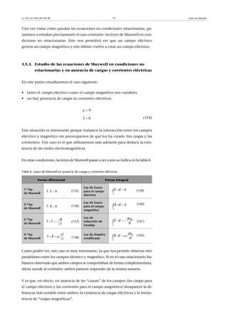 CC-BY-SA • PID_00159138 77 Leyes de Maxwell
Una vez vistas cómo quedan las ecuaciones en condiciones estacionarias, pa-
saremos a estudiar precisamente el caso contrario: las leyes de Maxwell en con-
diciones no estacionarias. Esto nos permitirá ver que un campo eléctrico
genera un campo magnético y este último vuelve a crear un campo eléctrico.
3.5.3. Estudio de las ecuaciones de Maxwell en condiciones no
estacionarias y en ausencia de cargas y corrientes eléctricas
En este punto estudiaremos el caso siguiente:
• tanto el campo eléctrico como el campo magnético son variables,
• no hay presencia de cargas ni corrientes eléctricas:
 0
(154)
Esta situación es interesante porque tratamos la interacción entre los campos
eléctrico y magnético sin preocuparnos de qué los ha creado (las cargas y las
corrientes). Este caso es el que utilizaremos más adelante para deducir la exis-
tencia de las ondas electromagnéticas.
En estas condiciones, las leyes de Maxwell pasan a ser como se indica en la tabla 6.
Tabla 6. Leyes de Maxwell en ausencia de cargas y corrientes eléctricas
Como podéis ver, este caso es muy interesante, ya que nos permite observar otro
paralelismo entre los campos eléctrico y magnético. Si en el caso estacionario ha-
bíamos observado que ambos campos se comportaban de forma complementaria,
ahora sucede al contrario: ambos parecen responder de la misma manera.
Y es que, en efecto, en ausencia de las “causas” de los campos (las cargas para
el campo eléctrico y las corrientes para el campo magnético) desaparece la di-
ferencia más notable entre ambos: la existencia de cargas eléctricas y la inexis-
tencia de “cargas magnéticas”.
Forma diferencial Forma integral
1.ª ley
de Maxwell
(155)
Ley de Gauss
para el campo
eléctrico
(159)
2.ª ley
de Maxwell
(156)
Ley de Gauss
para el campo
magnético
(160)
3.ª ley
de Maxwell
(157)
Ley de
inducción de
Faraday
(161)
4.ª ley
de Maxwell (158)
Ley de Ampère
modificada
(162)
0J 

 

0E
0
S
E dS 
 
∮
 

0B
0
S
B dS 
 
∮

   


 B
E
t C
Bd
E dl
dt

  

∮

   


 E
B
t
E
C
d
B dl
dt

  

∮
 