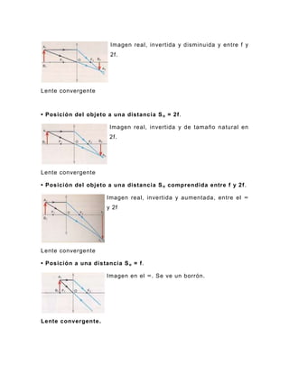 Imagen real, invertida y disminuida y entre f y
                       2f.




Lente convergente



• Posición del objeto a una distancia S o = 2f.

                       Imagen real, invertida y de tamaño natural en
                       2f.




Lente convergente

• Posición del objeto a una distancia S o comprendida entre f y 2f .

                      Imagen real, invertida y aumentada, entre el ∞
                      y 2f




Lente convergente

• Posición a una distancia S o = f.

                      Imagen en el ∞. Se ve un borrón.




Lente convergente .
 
