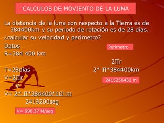 La distancia de la luna con respecto a la Tierra es de 384400km y su periodo de rotación es de 28 días. ¿calcular su velocidad y perímetro? Datos R=384 400 km  2∏r T=28días  2* ∏*384400km V= 2∏r V V=  2* ∏*384400* 10 3  m   2419200seg V= 998.37 M/seg Perímetro  2415256432 m CALCULOS DE MOVIENTO DE LA LUNA 