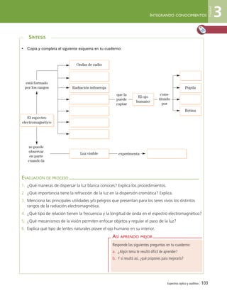 Espectros óptico y auditivo | 103
INTEGRANDO CONOCIMIENTOS
ASÍ APRENDO MEJOR
Responde las siguientes preguntas en tu cuaderno:
a. ¿Algún tema te resultó difícil de aprender?
b. Y si resultó así, ¿qué propones para mejorarlo?
SÍNTESIS
EVALUACIÓN DE PROCESO
1. ¿Qué maneras de dispersar la luz blanca conoces? Explica los procedimientos.
2. ¿Qué importancia tiene la refracción de la luz en la dispersión cromática? Explica.
3. Menciona las principales utilidades y/o peligros que presentan para los seres vivos los distintos
rangos de la radiación electromagnética.
4. ¿Qué tipo de relación tienen la frecuencia y la longitud de onda en el espectro electromagnético?
5. ¿Qué mecanismos de la visión permiten enfocar objetos y regular el paso de la luz?
6. Explica qué tipo de lentes naturales posee el ojo humano en su interior.
• Copia y completa el siguiente esquema en tu cuaderno:
Ondas de radio
Radiación infrarroja Pupila
Retina
se puede
observar
en parte
cuando la
experimenta
está formado
por los rangos
El espectro
electromagnético
El ojo
humano
que la
puede
captar
cons-
tituido
por
Luz visible
3
Unidad
Unidad 3 (90-119) 6/7/10 09:14 Página 103
 
