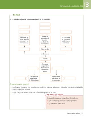 Espectros óptico y auditivo | 113
INTEGRANDO CONOCIMIENTOS
ASÍ APRENDO MEJOR
Responde las siguientes preguntas en tu cuaderno:
a. ¿De qué manera(s) te resultó más fácil aprender?
b. ¿A qué piensas que se debe?
SÍNTESIS
EVALUACIÓN DE PROCESO
1. Realiza un esquema del proceso de audición, en que aparezcan todas las estructuras del oído
mencionadas en el libro.
2. Explica algunas aplicaciones del infrasonido y del ultrasonido.
• Copia y completa el siguiente esquema en tu cuaderno:
Frecuencias
más bajas.
Se denominan:
Frecuencias
más altas. Se
denominan:
Donde se
amplifica el
sonido,
mediante los
huesecillos:
La vibración
se convierte
en impulso
eléctrico
Es donde in-
gresa la onda
sonora, y se
compone de:
Es capaz
de percibir
frecuencias
que varían
entre
se divide en
El oído
Oído medio
3
Unidad
Unidad 3 (90-119) 6/7/10 09:14 Página 113
 