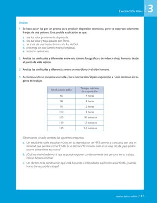 EVALUACIÓN FINAL
Espectros óptico y auditivo | 117
Analizo
1. Se hace pasar luz por un prisma para producir dispersión cromática, pero se observan solamente
franjas de dos colores. Una posible explicación es que:
a. sea luz solar previamente dispersada.
b. sea luz solar y haya pasado por filtros.
c. se trate de una fuente distinta a la luz del Sol.
d. provenga de dos fuentes monocromáticas.
e. todas las anteriores.
2. Analiza las similitudes y diferencias entre una cámara fotográfica o de video y el ojo humano, desde
el punto de vista óptico.
3. Analiza las similitudes y diferencias entre un micrófono y el oído humano.
4. A continuación se presenta una tabla, con la norma laboral para exposición a ruido continuo en lu-
gares de trabajo.
Observando la tabla contesta las siguientes preguntas.
a. Un estudiante suele escuchar música en su reproductor de MP3 camino a la escuela, con una in-
tensidad que percibe como 93 dB. Si se demora 90 minutos solo en el viaje de ida, ¿qué podría
ocurrir si mantiene esa rutina?
b. ¿Cuál es el nivel máximo al que se puede exponer constantemente una persona en su trabajo,
con un horario normal?
c. Un obrero de la construcción que está expuesto a intensidades superiores a los 90 dB, ¿cuántas
horas diarias podría trabajar?
Nivel sonoro (dB)
Tiempo máximo
de exposición
85 8 horas
90 4 horas
95 2 horas
100 1 horas
105 30 minutos
110 15 minutos
115 7,5 minutos
3
Unidad
Unidad 3 (90-119) 6/7/10 09:14 Página 117
 