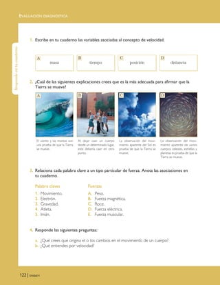 EVALUACIÓN DIAGNÓSTICA
122 | Unidad 4
1. Escribe en tu cuaderno las variables asociadas al concepto de velocidad.
2. ¿Cuál de las siguientes explicaciones crees que es la más adecuada para afirmar que la
Tierra se mueve?
3. Relaciona cada palabra clave a un tipo particular de fuerza. Anota las asociaciones en
tu cuaderno.
Palabra claves Fuerzas
1. Movimiento. A. Peso.
2. Electrón. B. Fuerza magnética.
3. Gravedad. C. Roce.
4. Atleta. D. Fuerza eléctrica.
5. Imán. E. Fuerza muscular.
4. Responde las siguientes preguntas:
a. ¿Qué crees que origina el o los cambios en el movimiento de un cuerpo?
b. ¿Qué entiendes por velocidad?
masa tiempo posición distancia
El viento y las mareas son
una prueba de que la Tierra
se mueve.
Al dejar caer un cuerpo
desde un determinado lugar,
este debería caer en otro
punto.
La observación del movi-
miento aparente del Sol es
prueba de que la Tierra se
mueve.
La observación del movi-
miento aparente de varios
cuerpos celestes, estrellas y
planetas es prueba de que la
Tierra se mueve.
A B C D
Respondeentucuaderno
masa tiempo posición distancia
A B C D
Unidad 4 (120-159).qxd 6/7/10 09:16 Página 122
 