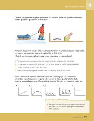 EVALUACIÓN DIAGNÓSTICA
Fuerza y movimiento | 123
5. Observa las siguientes imágenes y dibuja en tu cuaderno las flechas que representen las
fuerzas que creas que actúan en cada caso.
6. Piensa en la siguiente situación: te encuentras al interior de una nave espacial y de pronto
ves pasar a alta velocidad otra nave espacial cerca de la tuya.
¿Cuál de las siguientes explicaciones a lo que observaste es más probable?
A. Tu nave se encontraba detenida mientras que la otra viajaba a alta velocidad.
B. La otra nave se encontraba detenida y era tu nave la que se movía a alta velocidad.
C.Las dos naves se movían a alta velocidad.
D.Mientras no se disponga de más información no se puede afirmar nada.
7. Sobre un tren que viaja con velocidad constante, un niño juega con una linterna
subiendo y bajando su mano, perpendicular al piso. El dibujo que haría la luz de la
linterna, observado por otro niño sentado al exterior del tren, se representa mejor por:
A B C D E
LO QUE ME GUSTARÍA SABER
• Elabora en tu cuaderno un listado de preguntas acerca de los
temas que trata esta unidad y que te gustaría responder du-
rante su estudio.
x
4
Unidad
Unidad 4 (120-159).qxd 6/7/10 09:16 Página 123
 