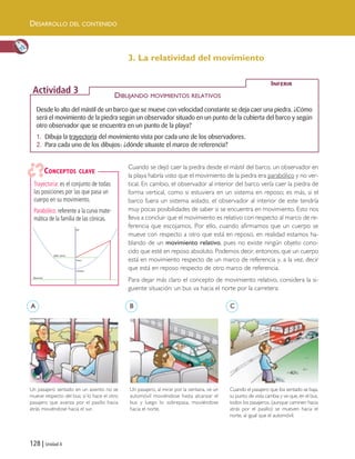 128 | Unidad 4
DESARROLLO DEL CONTENIDO
Cuando se dejó caer la piedra desde el mástil del barco, un observador en
la playa habría visto que el movimiento de la piedra era parabólico y no ver-
tical. En cambio, el observador al interior del barco vería caer la piedra de
forma vertical, como si estuviera en un sistema en reposo; es más, si el
barco fuera un sistema aislado, el observador al interior de este tendría
muy pocas posibilidades de saber si se encuentra en movimiento. Esto nos
lleva a concluir que el movimiento es relativo con respecto al marco de re-
ferencia que escojamos. Por ello, cuando afirmamos que un cuerpo se
mueve con respecto a otro que está en reposo, en realidad estamos ha-
blando de un movimiento relativo, pues no existe ningún objeto cono-
cido que esté en reposo absoluto. Podemos decir, entonces, que un cuerpo
está en movimiento respecto de un marco de referencia y, a la vez, decir
que está en reposo respecto de otro marco de referencia.
Para dejar más claro el concepto de movimiento relativo, considera la si-
guiente situación: un bus va hacia el norte por la carretera:
Desde lo alto del mástil de un barco que se mueve con velocidad constante se deja caer una piedra. ¿Cómo
será el movimiento de la piedra según un observador situado en un punto de la cubierta del barco y según
otro observador que se encuentra en un punto de la playa?
1. Dibuja la trayectoria del movimiento vista por cada uno de los observadores.
2. Para cada uno de los dibujos: ¿dónde situaste el marco de referencia?
INFERIR
Actividad 3 DIBUJANDO MOVIMIENTOS RELATIVOS
3. La relatividad del movimiento
Trayectoria: es el conjunto de todas
las posiciones por las que pasa un
cuerpo en su movimiento.
Parabólico: referente a la curva mate-
mática de la familia de las cónicas.
CONCEPTOS CLAVE
Un pasajero sentado en un asiento no se
mueve respecto del bus; sí lo hace el otro
pasajero que avanza por el pasillo hacia
atrás moviéndose hacia el sur.
Un pasajero, al mirar por la ventana, ve un
automóvil moviéndose hasta alcanzar el
bus y luego lo sobrepasa, moviéndose
hacia el norte.
Cuando el pasajero que iba sentado se baja,
su punto de vista cambia y ve que, en el bus,
todos los pasajeros, (aunque caminen hacia
atrás por el pasillo) se mueven hacia el
norte, al igual que el automóvil.
A B C
eje
foco
lado recto
vértice
directriz
Unidad 4 (120-159).qxd 6/7/10 09:17 Página 128
 