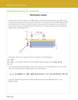 DESARROLLO DEL CONTENIDO
130 | Unidad 4
Movimiento relativo
Se tienen dos marcos de referencia: uno O situado en los pies de la primera persona y otro O’ situado
en los pies de la persona sobre la rampa. En el instante t = 0 s, la posición del marco O’ respecto de O
está representado en la figura. Si la persona sobre la rampa comienza a desplazarse a una velocidad de
1,5 m/s sobre el eje (x) y considerando que la rampa tiene 2 m de altura, ¿cuáles serán las coordenadas
de O’ respecto de O, luego de 3 s?
La posición del marco O’ respecto de O en el instante t = 0 s está dada por:
⇒ la posición inicial de un marco respecto del otro es:
Como la persona situada sobre O’ se mueve sobre el eje (x) con una velocidad de 1,5 m/s, las coorde-
nadas del marco O’ respecto de O, después de 3 s, está dado por:
Luego, las coordenadas del marco de referencia O’ respecto del marco O, después de 3 s, son:
(6,5 m; 2 m; 0).
EJEMPLO RESUELTO 1
Unidad 4 (120-159).qxd 6/7/10 09:17 Página 130
 