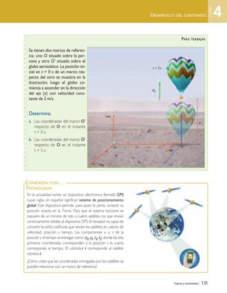 DESARROLLO DEL CONTENIDO
Fuerza y movimiento | 131
En la actualidad existe un dispositivo electrónico llamado GPS
cuyas siglas en español significan sistema de posicionamiento
global. Este dispositivo permite, para quien lo porta, conocer su
posición exacta en la Tierra. Para que el sistema funcione se
requiere de un mínimo de tres a cuatro satélites, los que envían
continuamente señales al dispositivo GPS. El receptor es capaz de
convertir la señal codificada que envían los satélites en valores de
velocidad, posición y tiempo. Las componentes x, y, z de la
posición y el tiempo se entregan como (xi, yi, zi, ti) donde las tres
primeras coordenadas corresponden a la posición y la cuarta
corresponde al tiempo. El subíndice i corresponde al satélite
número i.
¿Cómo crees que las coordenadas entregadas por los satélites se
pueden relacionar con un marco de referencia?
CONEXIÓN CON…
TECNOLOGÍA
PARA TRABAJAR
Se tienen dos marcos de referen-
cia: uno O situado sobre la per-
sona y otro O’ situado sobre el
globo aerostático. La posición ini-
cial en t = 0 s de un marco res-
pecto del otro se muestra en la
ilustración; luego el globo co-
mienza a ascender en la dirección
del eje (z) con velocidad cons-
tante de 2 m/s.
Determina:
a. Las coordenadas del marco O’
respecto de O en el instante
t = 0 s.
b. Las coordenadas del marco O’
respecto de O en el instante
t = 5 s.
4
Unidad
Unidad 4 (120-159).qxd 6/7/10 09:17 Página 131
 