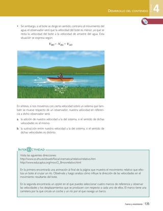 Fuerza y movimiento | 135
DESARROLLO DEL CONTENIDO
• Sin embargo, si el bote se dirige en sentido contrario al movimiento del
agua, el observador verá que la velocidad del bote es menor, ya que se
resta la velocidad del bote a la velocidad de arrastre del agua. Esta
situación se expresa según:
VBO = -VBA + VAO
En síntesis, si nos movemos con cierta velocidad sobre un sistema que tam-
bién se mueve respecto de un observador, nuestra velocidad en referen-
cia a dicho observador será:
a. la adición de nuestra velocidad a la del sistema, si el sentido de dichas
velocidades es el mismo.
b. la sustracción entre nuestra velocidad a la del sistema, si el sentido de
dichas velocidades es distinto.
Visita las siguientes direcciones:
http://www.sc.ehu.es/sbweb/fisica/cinematica/relativo/relativo.htm
http://www.educaplus.org/movi/2_8movrelativo.html
En la primera encontrarás una animación al final de la página que muestra el movimiento relativo que efec-
túa un bote al cruzar un río. Obsérvala y luego analiza cómo influye la dirección de las velocidades en el
movimiento resultante del bote.
En la segunda encontrarás un applet en el que puedes seleccionar cuatro marcos de referencia y observar
las velocidades y los desplazamientos que se producen con respecto a cada uno de ellos. El marco tiene una
carretera por la que circula un coche y un río por el que navega un barco.
INTER@CTIVIDAD
vBA
vAO vAOvBA
vBO
4
Unidad
Unidad 4 (120-159).qxd 6/7/10 09:17 Página 135
 