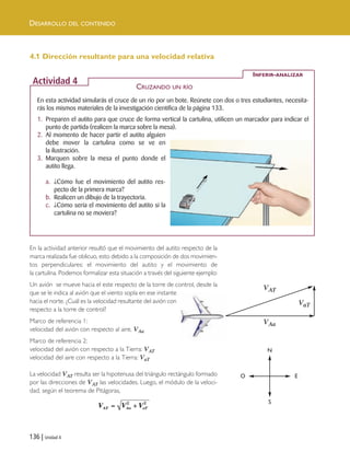 136 | Unidad 4
DESARROLLO DEL CONTENIDO
4.1 Dirección resultante para una velocidad relativa
En la actividad anterior resultó que el movimiento del autito respecto de la
marca realizada fue oblicuo, esto debido a la composición de dos movimien-
tos perpendiculares: el movimiento del autito y el movimiento de
la cartulina. Podemos formalizar esta situación a través del siguiente ejemplo:
Un avión se mueve hacia el este respecto de la torre de control, desde la
que se le indica al avión que el viento sopla en ese instante
hacia el norte. ¿Cuál es la velocidad resultante del avión con
respecto a la torre de control?
Marco de referencia 1:
velocidad del avión con respecto al aire, VAa
Marco de referencia 2:
velocidad del avión con respecto a la Tierra: VAT
velocidad del aire con respecto a la Tierra: VaT
La velocidad VAT resulta ser la hipotenusa del triángulo rectángulo formado
por las direcciones de VAT las velocidades. Luego, el módulo de la veloci-
dad, según el teorema de Pitágoras,
En esta actividad simularás el cruce de un río por un bote. Reúnete con dos o tres estudiantes, necesita-
rás los mismos materiales de la investigación científica de la página 133.
1. Preparen el autito para que cruce de forma vertical la cartulina, utilicen un marcador para indicar el
punto de partida (realicen la marca sobre la mesa).
2. Al momento de hacer partir el autito alguien
debe mover la cartulina como se ve en
la ilustración.
3. Marquen sobre la mesa el punto donde el
autito llega.
a. ¿Cómo fue el movimiento del autito res-
pecto de la primera marca?
b. Realicen un dibujo de la trayectoria.
c. ¿Cómo sería el movimiento del autito si la
cartulina no se moviera?
CRUZANDO UN RÍO
INFERIR-ANALIZAR
Actividad 4
N
S
O E
VAT
VAa
VaT
Unidad 4 (120-159).qxd 6/7/10 09:17 Página 136
 