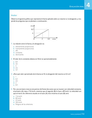 EVALUACIÓN FINAL
Fuerza y movimiento | 153
Analizo
Observa el siguiente gráfico que representa la fuerza aplicada sobre un resorte vs. la elongación, y res-
ponde las preguntas que se plantean a continuación.
1. La relación entre la fuerza y la elongación es:
a. directamente proporcional.
b. inversamente proporcional.
c. afín.
d. constante.
e. decreciente.
2. El valor de la constante elástica en N/cm es aproximadamente:
a. 0,4
b. 3,5
c. 5
d. 2,5
e. 3,7
3. ¿Para qué valor aproximado de la fuerza en N, la elongación del resorte es 2,5 cm?
a. 1
b. 6,3
c. 2,5
d. 2
e. 0,4
4. Por una carretera recta se encuentran de frente dos autos que se mueven con velocidad constante,
el primero (A) viaja a 116 km/h, mientras que el segundo (B) lo hace a 89 km/h. La velocidad con
que el marco de referencia situado en el auto (A) verá moverse al auto (B) será:
a. 116 km/h
b. 89 km/h
c. 27 km/h
d. 205 km/h
e. Ninguna de las anteriores.
4
Unidad
8,7
5
0 2 3,5 x(cm)
F(N)
Unidad 4 (120-159).qxd 6/7/10 09:17 Página 153
 