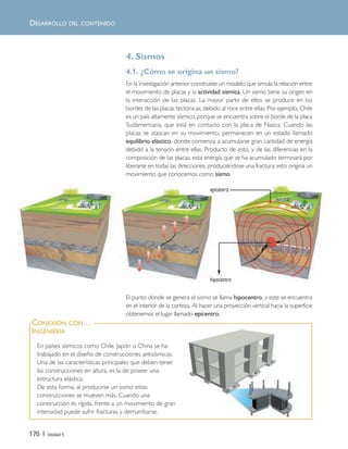 170 | Unidad 5
En países sísmicos como Chile, Japón o China se ha
trabajado en el diseño de construcciones antisísmicas.
Una de las características principales que deben tener
las construcciones en altura, es la de poseer una
estructura elástica.
De esta forma, al producirse un sismo estas
construcciones se mueven más. Cuando una
construcción es rígida, frente a un movimiento de gran
intensidad puede sufrir fracturas y derrumbarse.
CONEXIÓN CON…
INGENIERÍA
DESARROLLO DEL CONTENIDO
4. Sismos
4.1. ¿Cómo se origina un sismo?
En la investigación anterior construiste un modelo que simula la relación entre
el movimiento de placas y la actividad sísmica. Un sismo tiene su origen en
la interacción de las placas. La mayor parte de ellos se produce en los
bordes de las placas tectónicas, debido al roce entre ellas. Por ejemplo, Chile
es un país altamente sísmico, porque se encuentra sobre el borde de la placa
Sudamericana, que está en contacto con la placa de Nazca. Cuando las
placas se atascan en su movimiento, permanecen en un estado llamado
equilibrio elástico, donde comienza a acumularse gran cantidad de energía
debido a la tensión entre ellas. Producto de esto, y de las diferencias en la
composición de las placas, esta energía que se ha acumulado terminará por
liberarse en todas las direcciones, produciéndose una fractura; esto origina un
movimiento que conocemos como sismo.
El punto donde se genera el sismo se llama hipocentro, y este se encuentra
en el interior de la corteza. Al hacer una proyección vertical hacia la superficie
obtenemos el lugar llamado epicentro.
hipocentro
epicentro
Unidad 5 (156-199) 6/7/10 09:19 Página 170
 