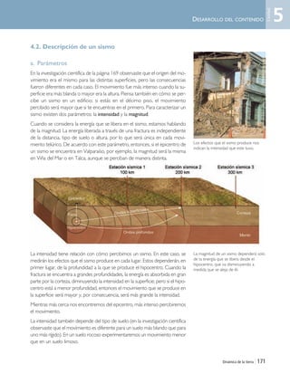4.2. Descripción de un sismo
a. Parámetros
En la investigación científica de la página 169 observaste que el origen del mo-
vimiento era el mismo para las distintas superficies, pero las consecuencias
fueron diferentes en cada caso. El movimiento fue más intenso cuando la su-
perficie era más blanda o mayor era la altura. Piensa también en cómo se per-
cibe un sismo en un edificio; si estás en el décimo piso, el movimiento
percibido será mayor que si te encuentras en el primero. Para caracterizar un
sismo existen dos parámetros: la intensidad y la magnitud.
Cuando se considera la energía que se libera en el sismo, estamos hablando
de la magnitud. La energía liberada a través de una fractura es independiente
de la distancia, tipo de suelo o altura, por lo que será única en cada movi-
miento telúrico. De acuerdo con este parámetro, entonces, si el epicentro de
un sismo se encuentra en Valparaíso, por ejemplo, la magnitud será la misma
en Viña del Mar o en Talca, aunque se perciban de manera distinta.
La intensidad tiene relación con cómo percibimos un sismo. En este caso, se
medirán los efectos que el sismo produce en cada lugar. Estos dependerán, en
primer lugar, de la profundidad a la que se produce el hipocentro. Cuando la
fractura se encuentra a grandes profundidades, la energía es absorbida en gran
parte por la corteza, diminuyendo la intensidad en la superficie; pero si el hipo-
centro está a menor profundidad, entonces el movimiento que se produce en
la superficie será mayor y, por consecuencia, será más grande la intensidad.
Mientras más cerca nos encontremos del epicentro, más intenso percibiremos
el movimiento.
La intensidad también depende del tipo de suelo (en la investigación científica
observaste que el movimiento es diferente para un suelo más blando que para
uno más rígido). En un suelo rocoso experimentaremos un movimiento menor
que en un suelo limoso.
Dinámica de la tierra | 171
DESARROLLO DEL CONTENIDO
La magnitud de un sismo dependerá solo
de la energía que se libera desde el
hipocentro, que va disminuyendo a
medida que se aleja de él.
Los efectos que el sismo produce nos
indican la intensidad que este tuvo.
5
Unidad
Unidad 5 (156-199) 6/7/10 09:19 Página 171
 