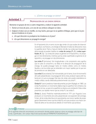 174 | Unidad 5
c. ¿Cómo se propaga un sismo?
En el hipocentro de un sismo ocurre algo similar a lo que acabas de observar:
se produce una fractura, y la energía es liberada en todas las direcciones, hacia
la superficie de la Tierra y hacia el interior de ella. Las ondas que transportan
dicha energía se pueden clasificar en: ondas de cuerpo (P y S) y ondas super-
ficiales (R y L). Las ondas de cuerpo se generan en el hipocentro y se propa-
gan en tres dimensiones, mientras que las ondas superficiales se generan en el
epicentro y se propagan en dos dimensiones.
Las ondas P (primarias). Son longitudinales o de compresión; esto significa
que el suelo se comprime y se dilata en la dirección de propagación de la
energía. Se puede propagar tanto en medios sólidos como en medios
líquidos y son las ondas que se extienden con mayor rapidez, por lo que son
las primeras en ser detectadas.
Las ondas S (secundarias). Son transversales, por lo tanto, al ser el movimiento
del suelo perpendicular a la propagación de la onda, produce ruptura del ma-
terial por el cual se propaga. Este tipo de ondas solo puede extenderse en
medios sólidos, siendo detectada posteriormente a la onda P.
Ondas R. Fueron predichas matemáticamente por John Rayleigh, en 1885. Las
ondas R presentan un movimiento elíptico bajo la superficie. Son similares a las
ondas en el mar, ya que en la superficie se observa una ondulación. Estas ondas
presentan una rapidez menor que las ondas P y las ondas S.
Ondas L. (love). Predichas matemáticamente en 1911 por Augustus Love,
producen un movimiento de corte, perpendicular a la expansión de la energía.
Si bien, de las ondas descritas es la que presenta una menor rapidez de propa-
gación (levemente menor que las ondas R), es la que produce una mayor can-
tidad de daños en las estructuras debido al movimiento que produce.
INTER@CTIVIDAD
En la siguiente dirección encontrarás una animación donde podrás observar cómo se propaga cada tipo de
onda, superficiales y de cuerpo: http://cienciasnaturales.es/TERREMOTOSONDAS.swf
DESARROLLO DEL CONTENIDO
Reúnanse en grupos de tres o cuatro integrantes y realicen la siguiente actividad:
1. Tomen un trozo de yeso, y en uno de sus vértices coloquen un clavo.
2. Golpeen el clavo con un martillo, no muy fuerte, para que no se quiebre el bloque, pero que sí se pro-
duzcan trizaduras en el yeso.
a. ¿En qué dirección se produjeron las trizaduras en el yeso?
b. ¿En qué dimensiones se propagó la energía?
OBSERVAR-ANALIZAR
Actividad 3
PROPAGACIÓN DE LAS ONDAS SÍSMICAS
Unidad 5 (156-199) 6/7/10 09:19 Página 174
 