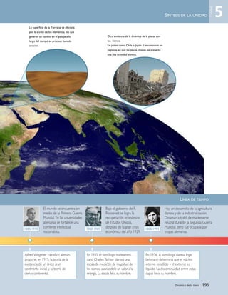 Dinámica de la tierra | 195
SÍNTESIS DE LA UNIDAD
Alfred Wegener, científico alemán,
propone, en 1915, la teoría de la
existencia de un único gran
continente inicial, y la teoría de
deriva continental.
1880-1930
El mundo se encuentra en
medio de la Primera Guerra
Mundial. En las universidades
alemanas se fortalece una
corriente intelectual
nacionalista.
En 1935, el sismólogo norteameri-
cano Charles Richter plantea una
escala de medición de magnitud de
los sismos, asociandole un valor a la
energía. La escala lleva su nombre.
1900-1985
Bajo el gobierno de F.
Roosevelt se logra la
recuperación económica
de Estados Unidos,
después de la gran crisis
económica del año 1929.
En 1936, la sismóloga danesa Inge
Lehmann determina que el núcleo
interno es sólido y el externo es
líquido. La discontinuidad entre estas
capas lleva su nombre.
1888-1993
Hay un desarrollo de la agricultura
danesa y de la industrialización.
Dinamarca trató de mantenerse
neutral durante la Segunda Guerra
Mundial, pero fue ocupada por
tropas alemanas.
LÍNEA DE TIEMPO
5
Unidad
Unidad 5 (156-199) 6/7/10 09:19 Página 195
 