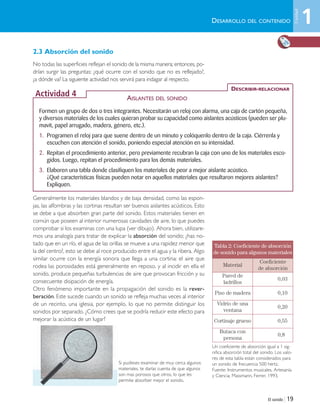 El sonido | 19
Si pudieses examinar de muy cerca algunos
materiales, te darías cuenta de que algunos
son mas porosos que otros, lo que les
permite absorber mejor el sonido.
Un coeficiente de absorción igual a 1 sig-
nifica absorción total del sonido. Los valo-
res de esta tabla están considerados para
un sonido de frecuencia 500 hertz.
Fuente: Instrumentos musicales, Artesanía
y Ciencia; Massmann, Ferrer, 1993.
Tabla 2: Coeficiente de absorción
de sonido para algunos materiales
Material
Coeficiente
de absorción
Pared de
ladrillos
0,03
Piso de madera 0,10
Vidrio de una
ventana
0,20
Cortinaje grueso 0,55
Butaca con
persona
0,8
DESARROLLO DEL CONTENIDO
Formen un grupo de dos o tres integrantes. Necesitarán un reloj con alarma, una caja de cartón pequeña,
y diversos materiales de los cuales quieran probar su capacidad como aislantes acústicos (pueden ser plu-
mavit, papel arrugado, madera, género, etc.).
1. Programen el reloj para que suene dentro de un minuto y colóquenlo dentro de la caja. Ciérrenla y
escuchen con atención el sonido, poniendo especial atención en su intensidad.
2. Repitan el procedimiento anterior, pero previamente recubran la caja con uno de los materiales esco-
gidos. Luego, repitan el procedimiento para los demás materiales.
3. Elaboren una tabla donde clasifiquen los materiales de peor a mejor aislante acústico.
¿Qué características físicas pueden notar en aquellos materiales que resultaron mejores aislantes?
Expliquen.
DESCRIBIR-RELACIONAR
Actividad 4 AISLANTES DEL SONIDO
2.3 Absorción del sonido
No todas las superficies reflejan el sonido de la misma manera; entonces, po-
drían surgir las preguntas: ¿qué ocurre con el sonido que no es reflejado?,
¿a dónde va? La siguiente actividad nos servirá para indagar al respecto.
Generalmente los materiales blandos y de baja densidad, como las espon-
jas, las alfombras y las cortinas resultan ser buenos aislantes acústicos. Esto
se debe a que absorben gran parte del sonido. Estos materiales tienen en
común que poseen al interior numerosas cavidades de aire, lo que puedes
comprobar si los examinas con una lupa (ver dibujo). Ahora bien, utilizare-
mos una analogía para tratar de explicar la absorción del sonido; ¿has no-
tado que en un río, el agua de las orillas se mueve a una rapidez menor que
la del centro?, esto se debe al roce producido entre el agua y la ribera. Algo
similar ocurre con la energía sonora que llega a una cortina: el aire que
rodea las porosidades está generalmente en reposo, y al incidir en ella el
sonido, produce pequeñas turbulencias de aire que provocan fricción y su
consecuente disipación de energía.
Otro fenómeno importante en la propagación del sonido es la rever-
beración. Este sucede cuando un sonido se refleja muchas veces al interior
de un recinto, una iglesia, por ejemplo, lo que no permite distinguir los
sonidos por separado. ¿Cómo crees que se podría reducir este efecto para
mejorar la acústica de un lugar?
1
Unidad
Unidad 1 (8-49) 6/7/10 09:08 Página 19
 