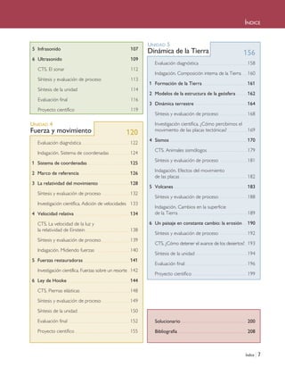 Índice | 7
ÍNDICE
UNIDAD 4
Fuerza y movimiento
Evaluación diagnóstica 122
Indagación. Sistema de coordenadas 124
1 Sistema de coordenadas 125
2 Marco de referencia 126
3 La relatividad del movimiento 128
Síntesis y evaluación de proceso 132
Investigación científica. Adición de velocidades 133
4 Velocidad relativa 134
CTS. La velocidad de la luz y
la relatividad de Einstein 138
Síntesis y evaluación de proceso 139
Indagación. Midiendo fuerzas 140
5 Fuerzas restauradoras 141
Investigación científica. Fuerzas sobre un resorte 142
6 Ley de Hooke 144
CTS. Piernas elásticas 148
Síntesis y evaluación de proceso 149
Síntesis de la unidad 150
Evaluación final 152
Proyecto científico 155
UNIDAD 5
Dinámica de la Tierra
Evaluación diagnóstica 158
Indagación. Composición interna de la Tierra 160
1 Formación de la Tierra 161
2 Modelos de la estructura de la geósfera 162
3 Dinámica terrestre 164
Síntesis y evaluación de proceso 168
Investigación científica. ¿Cómo percibimos el
movimiento de las placas tectónicas? 169
4 Sismos 170
CTS. Animales sismólogos 179
Síntesis y evaluación de proceso 181
Indagación. Efectos del movimiento
de las placas 182
5 Volcanes 183
Síntesis y evaluación de proceso 188
Indagación. Cambios en la superficie
de la Tierra 189
6 Un paisaje en constante cambio: la erosión 190
Síntesis y evaluación de proceso 192
CTS. ¿Cómo detener el avance de los desiertos? 193
Síntesis de la unidad 194
Evaluación final 196
Proyecto científico 199
Solucionario 200
Bibliografía 208
120
156
5 Infrasonido 107
6 Ultrasonido 109
CTS. El sonar 112
Síntesis y evaluación de proceso 113
Síntesis de la unidad 114
Evaluación final 116
Proyecto científico 119
Iniciales 6/7/10 13:29 Página 7
 