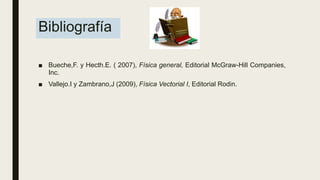 Bibliografía
■ Bueche,F. y Hecth.E. ( 2007), Física general, Editorial McGraw-Hill Companies,
Inc.
■ Vallejo.I y Zambrano,J (2009), Física Vectorial I, Editorial Rodin.
 