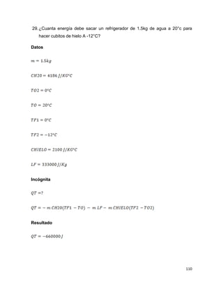 110
29.¿Cuanta energía debe sacar un refrigerador de 1.5kg de agua a 20°c para
hacer cubitos de hielo A -12°C?
Datos
Incógnita
Resultado
 