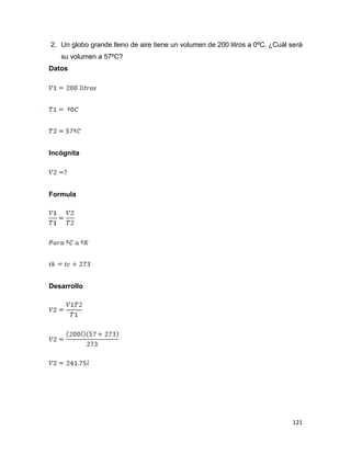 121
2. Un globo grande lleno de aire tiene un volumen de 200 litros a 0ºC. ¿Cuál será
su volumen a 57ºC?
Datos
Incógnita
Formula
Desarrollo
 