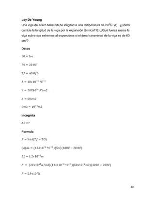 40
Ley De Young
Una viga de acero tiene 5m de longitud a una temperatura de 20 0
C. A) ¿Cómo
cambia la longitud de la viga por la expansión térmica? B) ¿Qué fuerza ejerce la
viga sobre sus extremos al expenderse si el área transversal de la viga es de 60
cm2
?
Datos
Incógnita
Formula
 