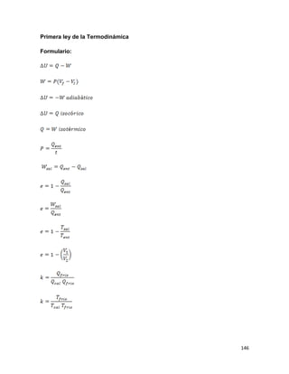 146
Primera ley de la Termodinámica
Formulario:
 