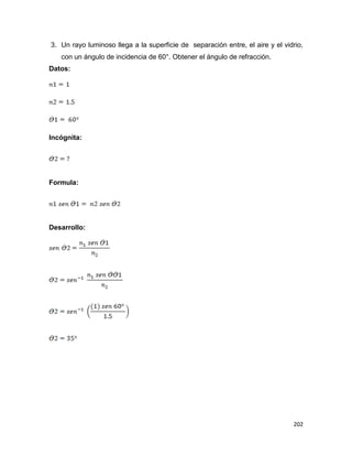 202
3. Un rayo luminoso llega a la superficie de separación entre, el aire y el vidrio,
con un ángulo de incidencia de 60°. Obtener el ángulo de refracción.
Datos:
Incógnita:
Formula:
Desarrollo:
 