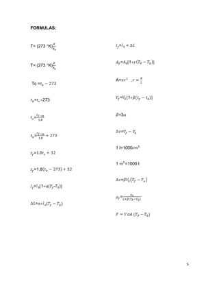 5
FORMULAS:
T= (273 K)
T= (273 K)
Tc =
= 273
=
=
=
=1.8
= 1( - )
= (
=
= 1 
A=
= 1 
=3
=
1 l=1000
1 =1000 l
=
=
 