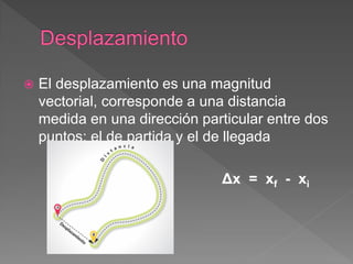  El desplazamiento es una magnitud
vectorial, corresponde a una distancia
medida en una dirección particular entre dos
puntos: el de partida y el de llegada
Δx = xf - xi
 