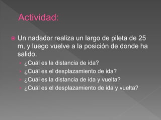  Un nadador realiza un largo de pileta de 25
m, y luego vuelve a la posición de donde ha
salido.
› ¿Cuál es la distancia de ida?
› ¿Cuál es el desplazamiento de ida?
› ¿Cuál es la distancia de ida y vuelta?
› ¿Cuál es el desplazamiento de ida y vuelta?
 